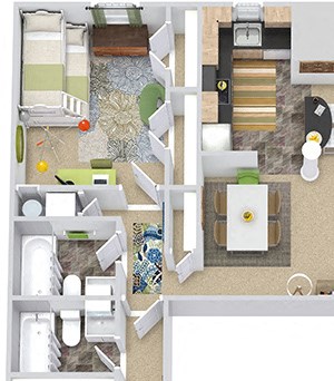Currituck 3D 3D Currituck 2 Bedroom apartment. Kitchen with island, open to living-dining areas. 1 full hall bath. 1 master bath. large closets. in-unit laundry. patio.